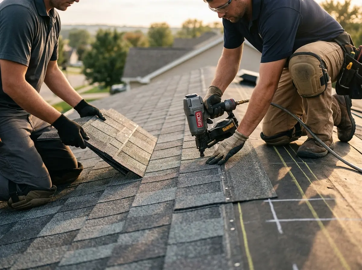 Professional roofer working on a residential roof in Springtown